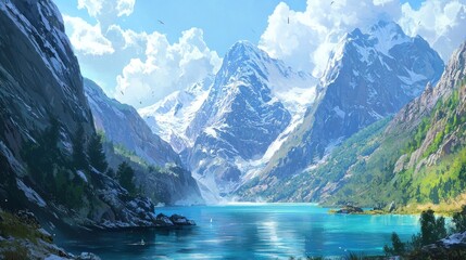 Fototapeta premium Majestic mountain range reflected in a serene alpine lake.