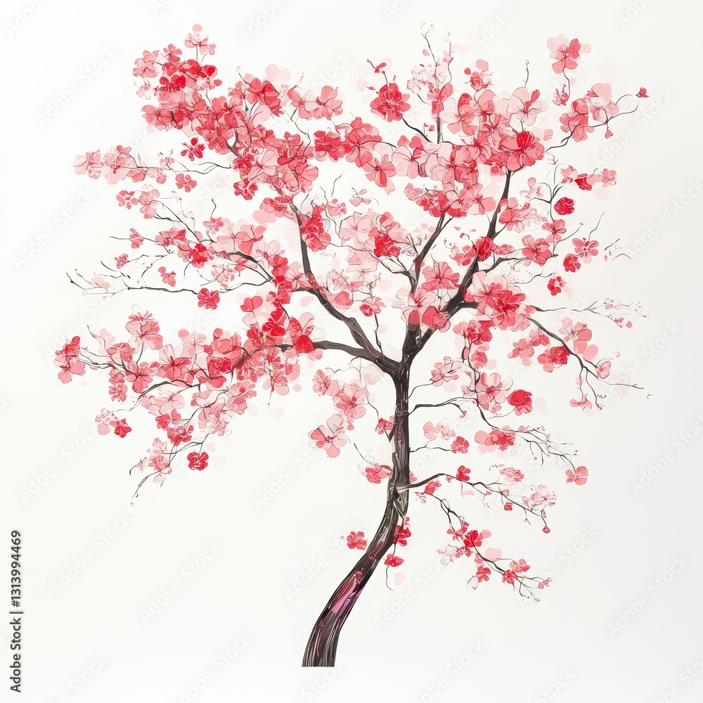 Poster tree with pink blossoms is the main focus of the image. the tree is depicted in a very detailed and 