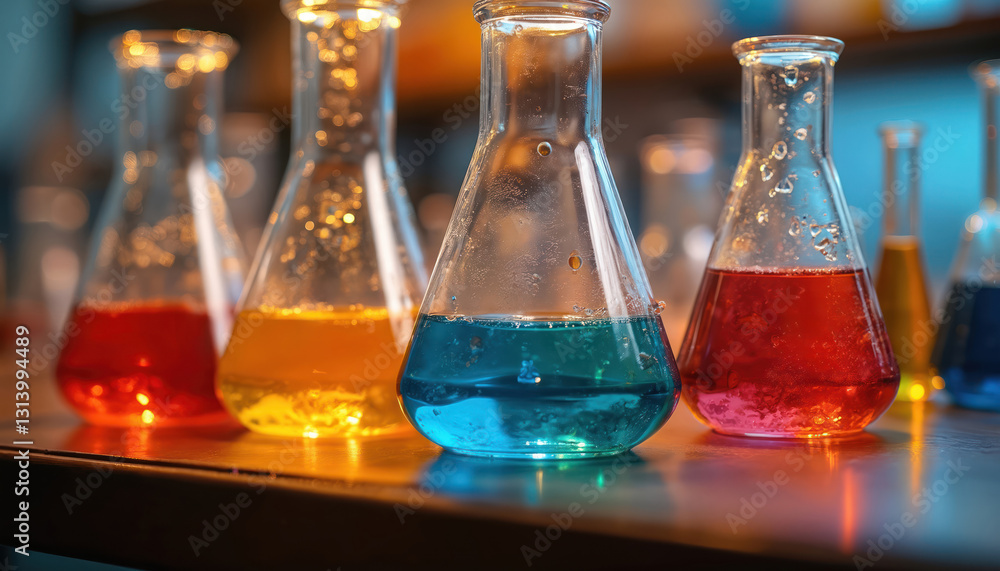 Poster Close-up of laboratory glassware filled with colorful liquids on bench. Chemistry experiments with scientific research in lab. Beakers of red, blue, orange solutions and chemical reactions.