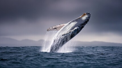 Fototapeta premium Humpback Whale Leaps in Ocean, Dramatic Sky