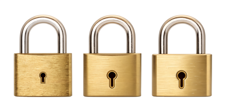 Golden Padlock with Keyhole in Three Styles for Stylish Lock and Key Photography, Cut Out