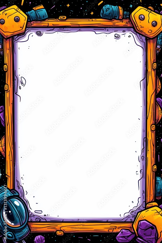 Poster frame with space theme. border with asteroids, astronaut. stars background for text or graphic