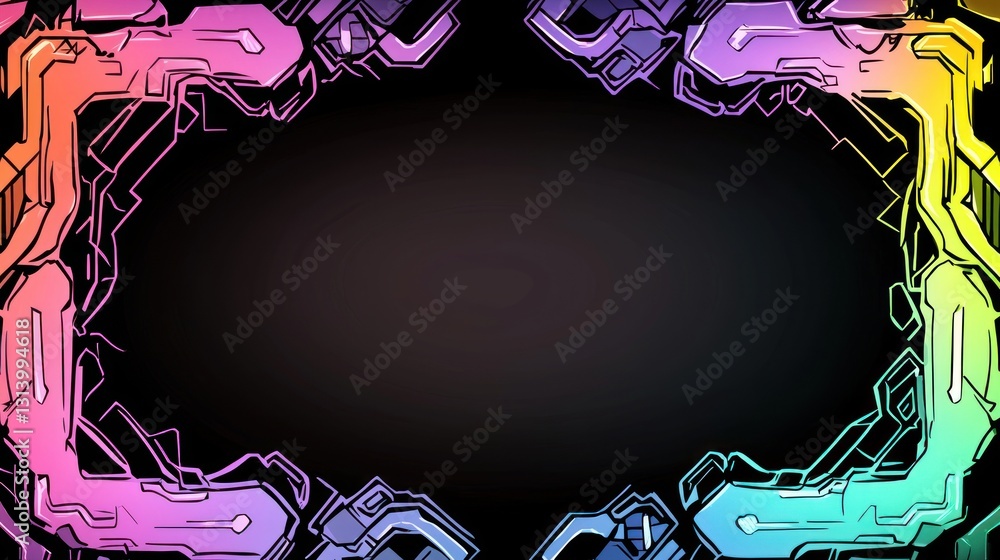 Poster frame with neon colored geometric elements on black backdrop creating a futuristic, technological pr