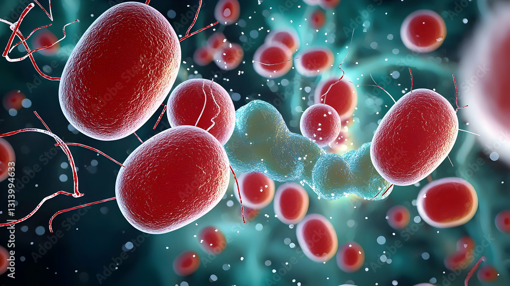 Poster microscopic view of red blood cells and a chain of bacteria in a dark green environment with red lin