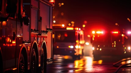 Emergency lights illuminate the night at a fire response scene Generative AI