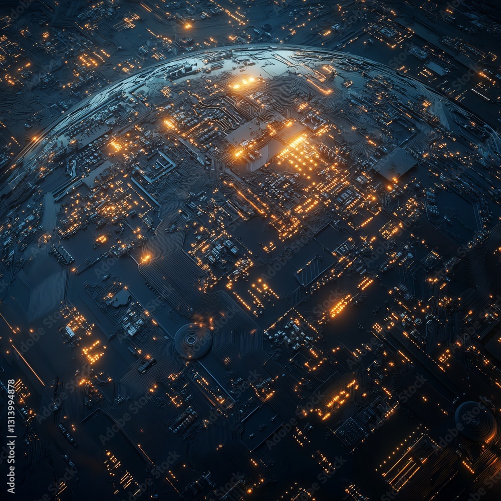 Poster abstract digital landscape of circuit patterns and glowing lights