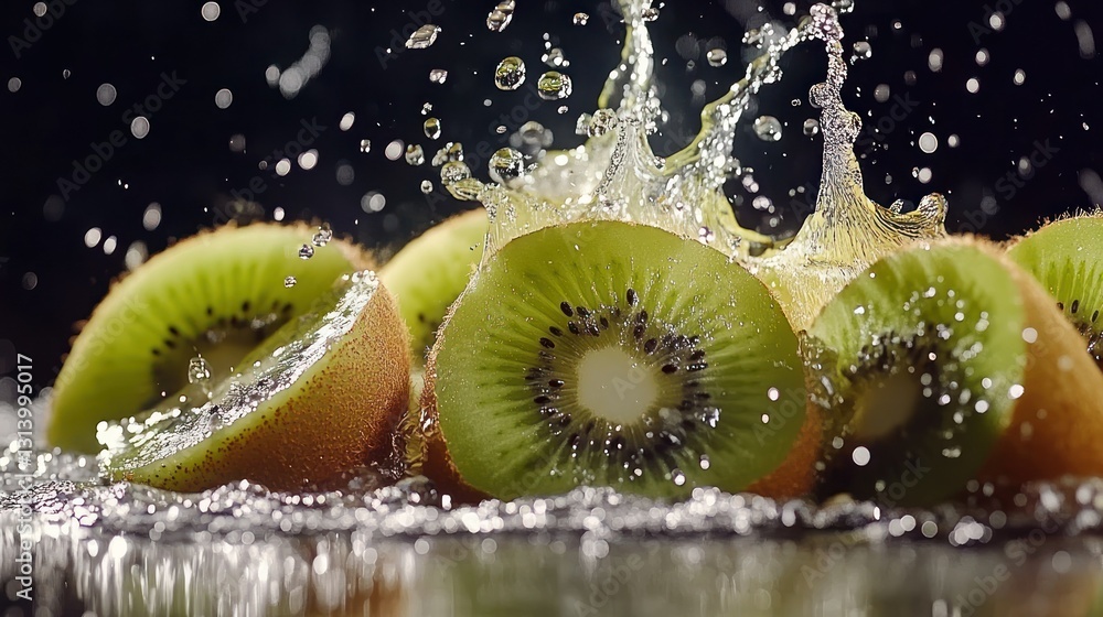 Poster sliced kiwis are splashed with water creating refreshing splashes of liquid
