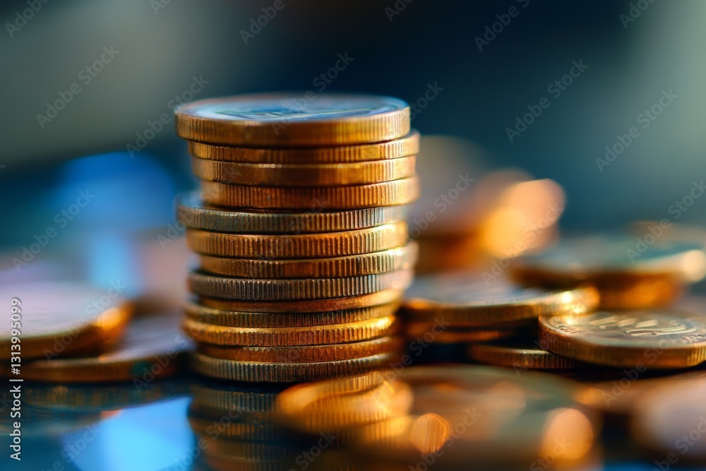 Poster stack of gleaming coins illuminating wealth and prosperity in financial context