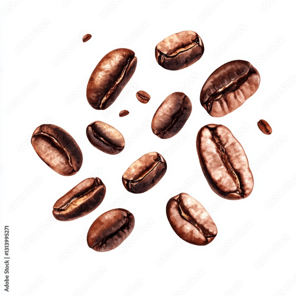 Poster close up of coffee beans with a white background. the beans are scattered in various sizes and shape