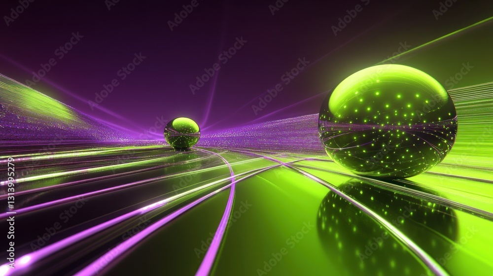 Poster two luminescent spheres reflect light with flowing purple lines in scene