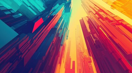 Abstract Colorful 3D Shapes Stretched Towards Bright Horizon