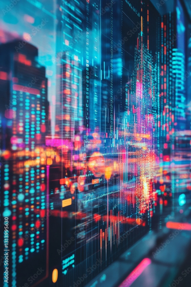 Poster abstract digital visualization of urban cityscape with neon lights and data patterns at night