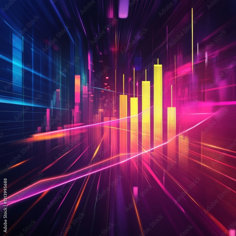 Poster vibrant abstract digital visualization with colorful light trails and dynamic graph elements