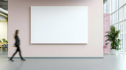 Woman Walking Past Large Blank White Canvas on Pink Wall in Modern Office Hallway with Blurred Motion