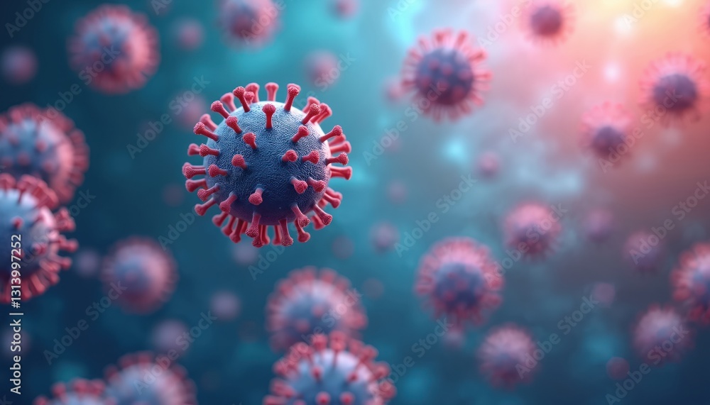 Poster 3D rendering of floating pathogen causes respiratory infections. Microscopic view of COVID-19 virus. Pandemic, flu, epidemic concept. Science, microbiology, biology fields with abstract virus design.