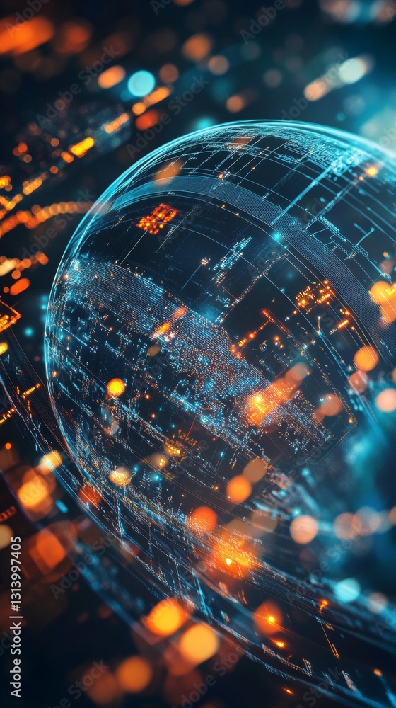 Poster abstract digital globe visualization with bright lights and interconnected data points in motion