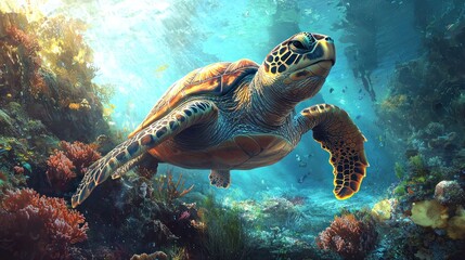 Sea turtle swimming in vibrant coral reef.