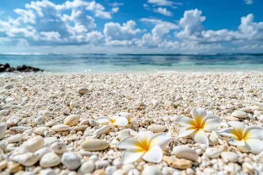 Pierres et galets blancs zen entour&eacute;s de fleur de frangipanier sur un fond de mer et une plage tropicale de sable blanc pour une d&eacute;tente en vacances