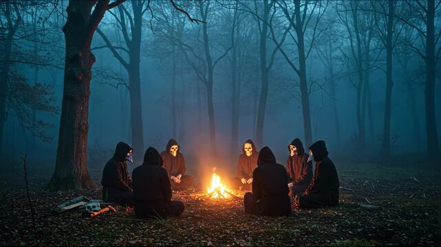 Cloaked figures gathered around a glowing campfire in a foggy forest