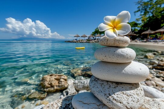 Des galets et des pierres blanches zen avec des fleurs de frangipanier sur un fond de mer et une plage de sable blanc tropical pour des vacances relaxantes