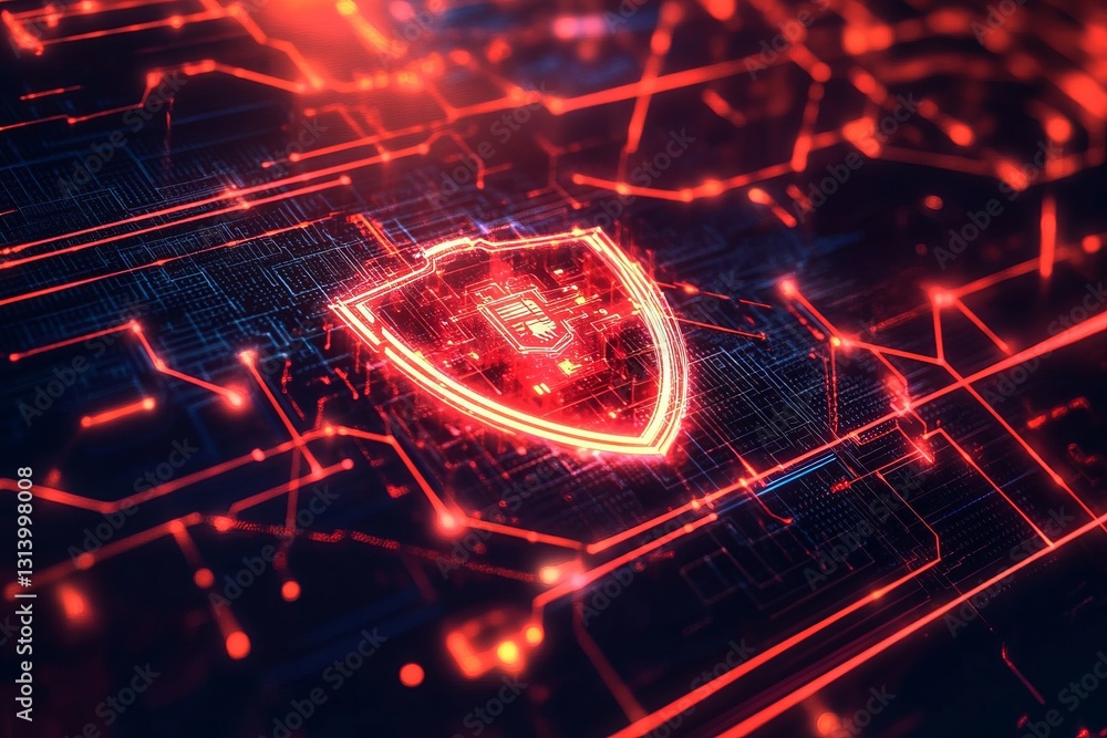 Poster this image depicts a vibrant digital security shield set against an abstract network background. it 