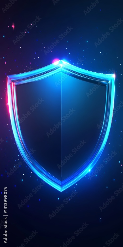 Poster this image features a modern blue glowing shield design set against a sparkling background, ideal fo