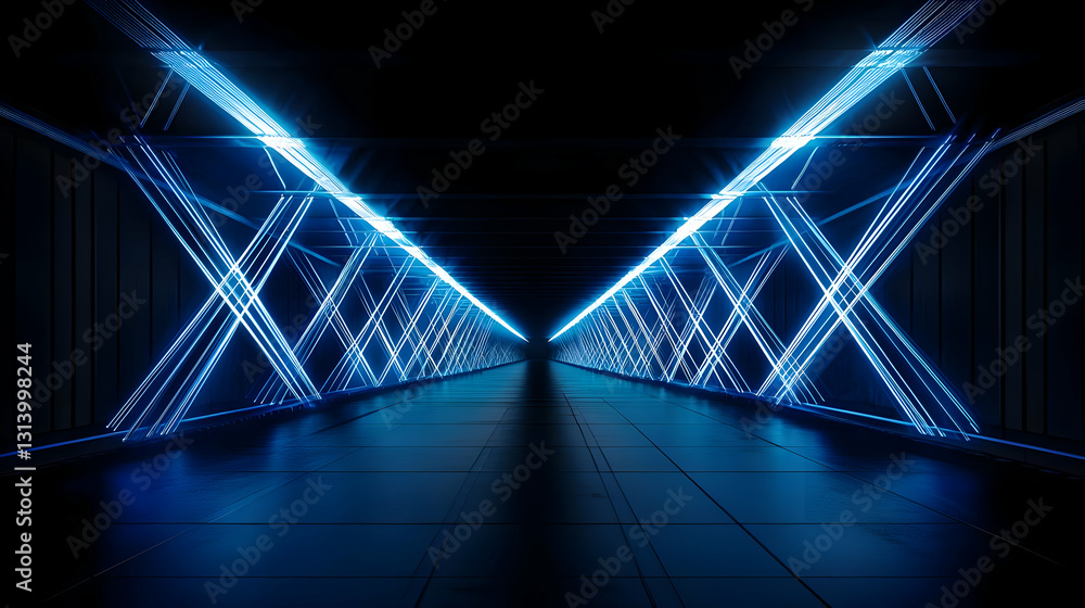 Poster futuristic dark tunnel with glowing blue neon lights and geometric lines design in abstract backgrou