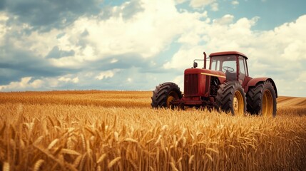 Obraz premium Vintage tractor parked in a wheat field, ready for the next day's work