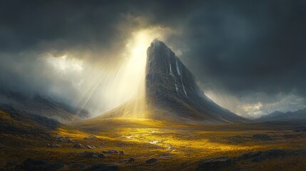 Majestic mountain peak illuminated by divine light piercing through dark storm clouds.