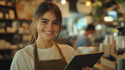 Friendly Barista Smiling and Holding Tablet in Cozy Coffee Shop