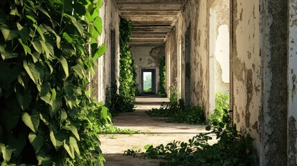 Naklejka premium Abandoned Building Interior with Lush Green Ivy Overgrowth
