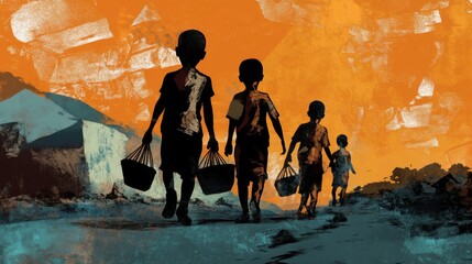 African children walking with buckets for work in a mine or construction site under physically demanding conditions. illustration of black child labor. stop kids exploitation and trafficking poster