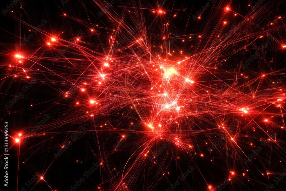 Poster abstract visualization of dynamic red light particles against a black background, creating a mesmeri