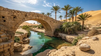 Naklejka premium An ancient stone bridge stands in the middle of a desert oasis, its arches framing a small, crystal-clear pool of water.