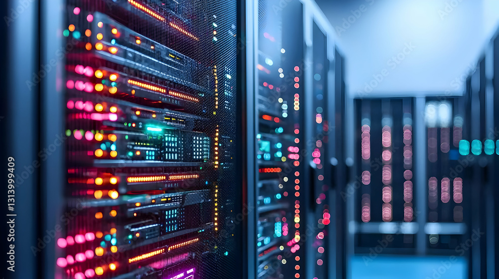Poster close up of a server rack with blinking led lights in a modern data center with cool blue and purple