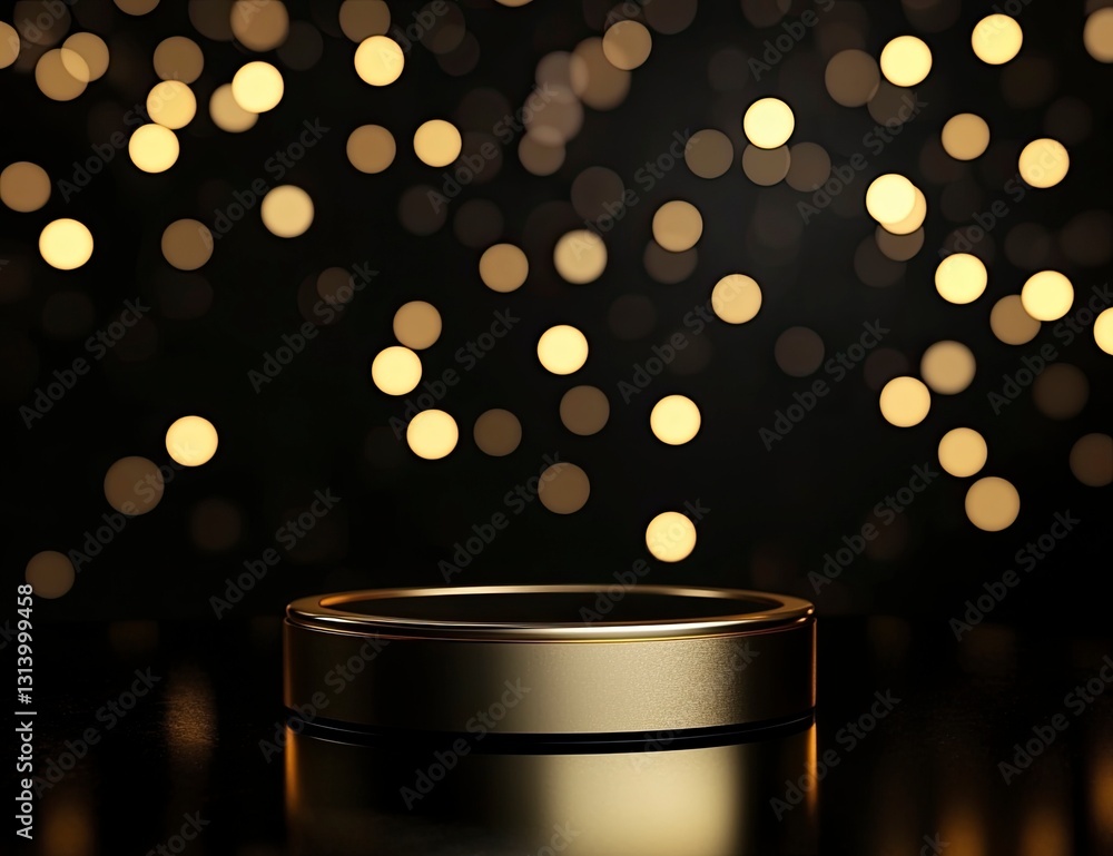 Aufkleber Minimal abstract background with a gold podium for product presentation mock-up, a dark scene with bokeh lights, high resolution.