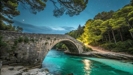 A stone bridge arches over a glowing bioluminescent bay, its stonework weathered and textured by the elements.