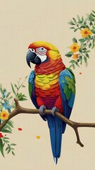 Colorful Parrot Illustration with Floral Elements on Branch
