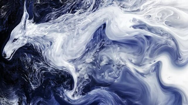 Whimsical blue and white wolf swirling through abstract cloud-like patterns