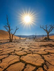 A surreal desert with cracked earth and dead trees, under a blazing sun with no clouds in sight.