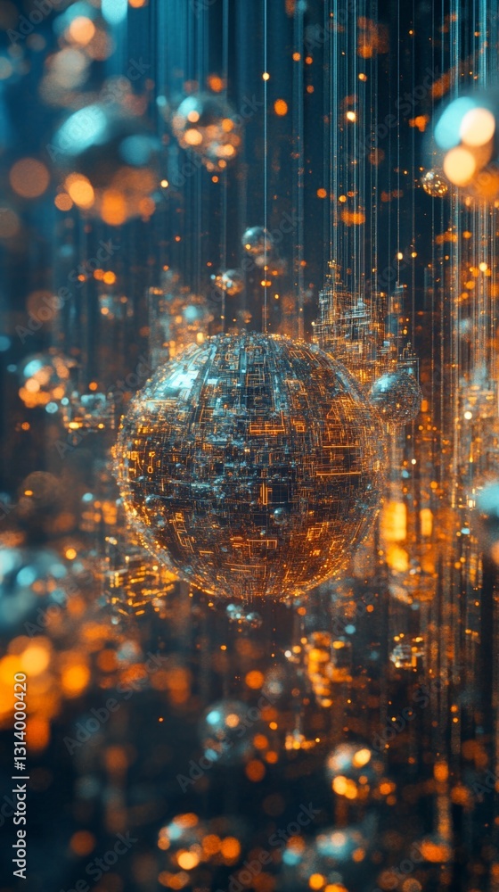 Poster abstract sphere surrounded by shimmering bubbles and luminous particles in a deep blue environment