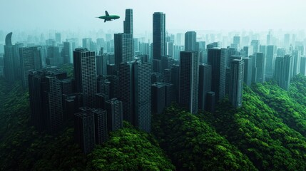 Urban Jungle with Skyscrapers Surrounded by Lush Green Forest