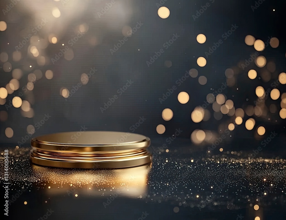 Poster minimal abstract background with a gold podium for product presentation, mock-up, and display of goo
