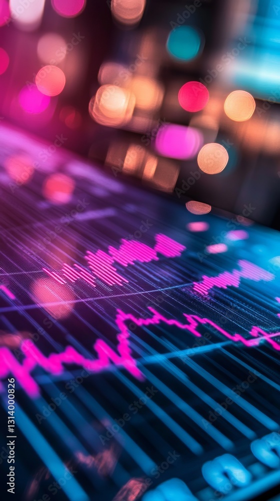 Poster eye-catching financial data visualization with vibrant colors and abstract bokeh lights. ideal for t