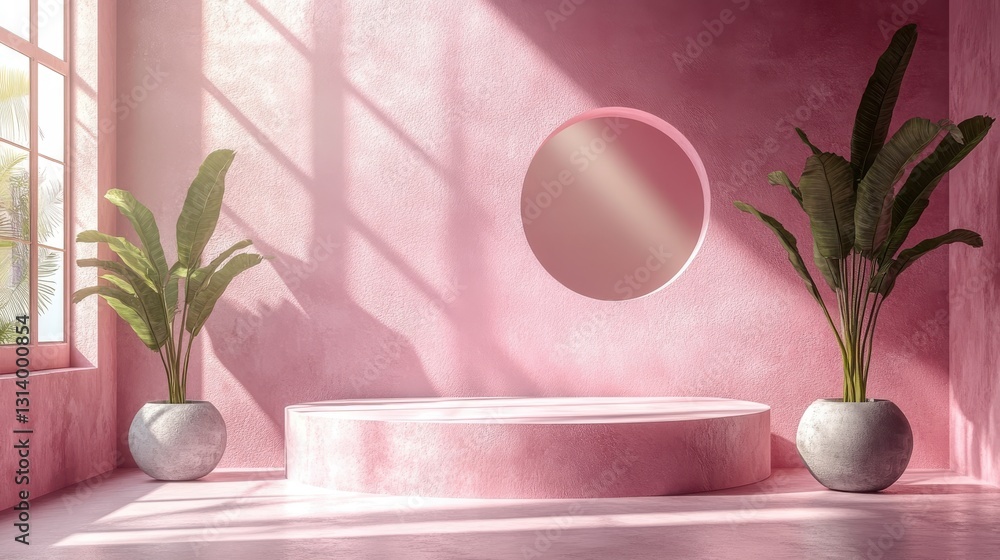 Poster minimal product display podium scene on light pink background