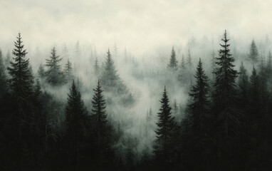 Misty Forest Scene with Dark Evergreen Trees