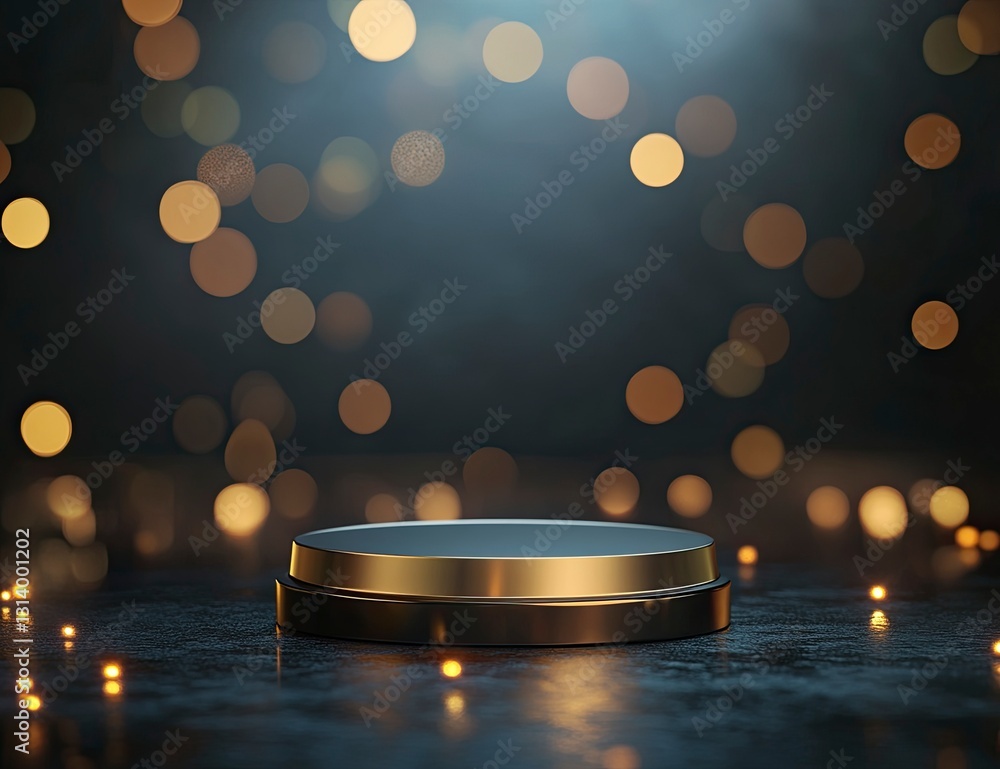 Poster minimal abstract background with a gold podium for product presentation mock-up, a dark scene with b