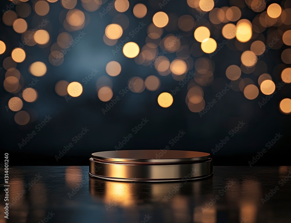 Aufkleber Minimal abstract background with a gold podium for product presentation mock-up, a dark scene with bokeh lights, high resolution.