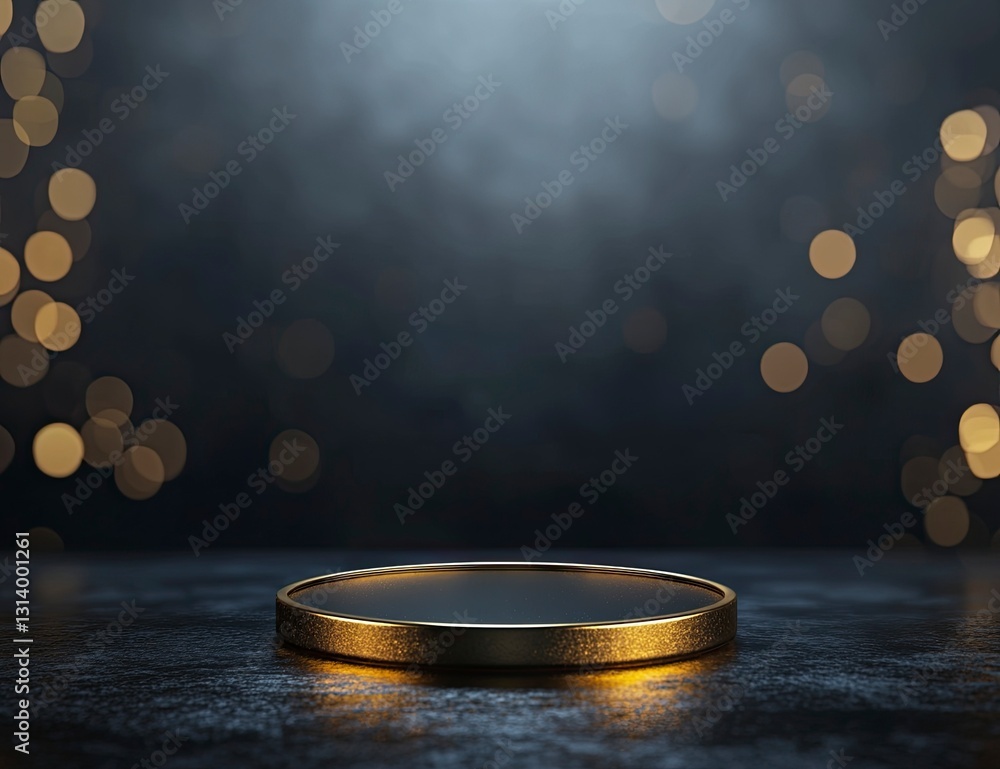 Aufkleber Minimal abstract background with a gold podium for product presentation mock-up, a dark scene with bokeh lights, high resolution.