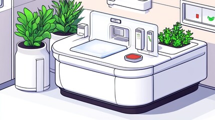 Futuristic counter surrounded by plants, indoor scene, bright and clean interior, modern bathroom background